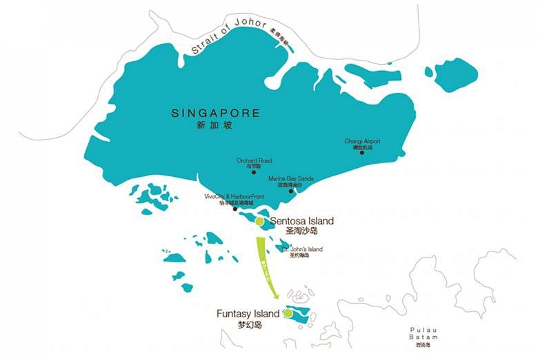 Funtasy Island Development manages and promotes the 328ha eco-theme park (above) on Pulau Manis, a cluster of six islets 3km off Batam. The original map (below) on the company's website shows both Singapore and the Indonesia-based resort in blue, spa