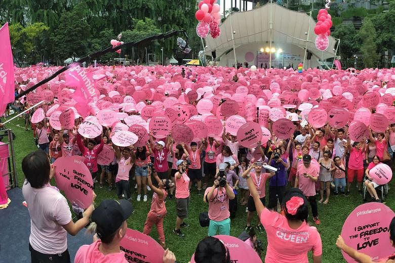 Hong Lim Park was a sea of pink yesterday as thousands of people raised placards in support of the lesbian, gay, bisexual and transgender (LGBT) community. In its eighth year, the annual Pink Dot rally calls for the freedom to love regardless of sexu