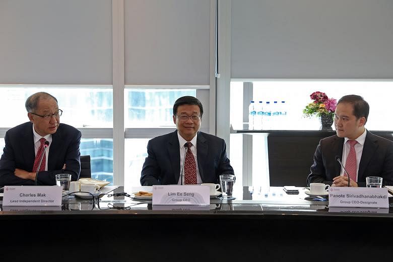 (From left) FCL lead independent director Charles Mak; current group CEO Lim Ee Seng, who is retiring on Sept 30; and group CEO-designate Panote Sirivadhanabhakdi at the briefing yesterday. Mr Panote's appointment is also a clear sign of the Thai tyc