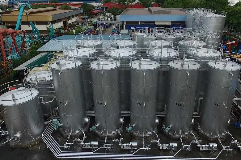 United Global's tank farm where it stores oil. The group also owns a lubricant blending plant and an in-house laboratory in Singapore. It supplies a wide range of lubricants and speciality fluids for automotive, industrial and marine applications to 
