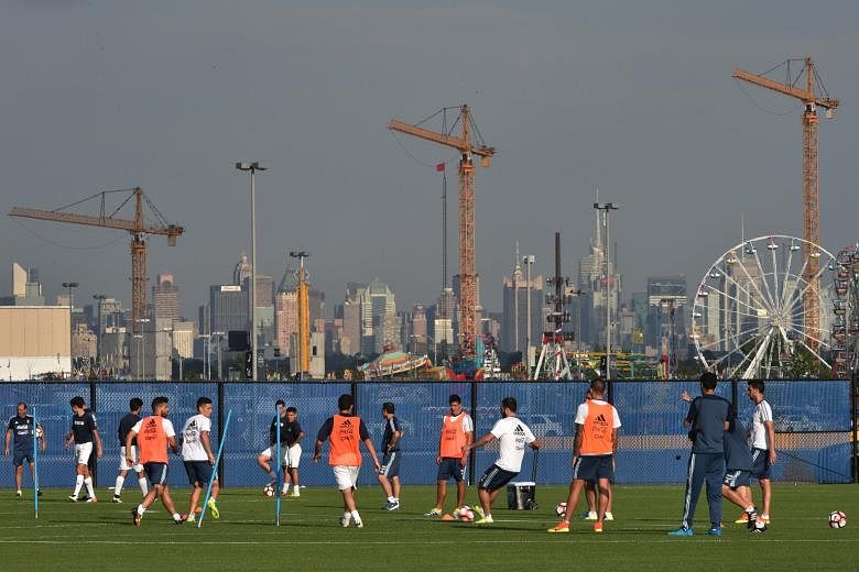 Argentina's players train ahead of the Copa America Centenario final against Chile in East Rutherford, New Jersey. They are intent on avenging last year's penalties defeat to the same opponents.