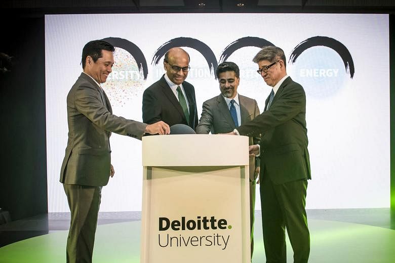 At the opening ceremony of Deloitte University Asia Pacific in Sentosa yesterday were (from left) Deloitte University Asia Pacific dean Ko Asami, Mr Tharman, Mr Renjen and Deloitte Asia Pacific regional managing director and Deloitte Japan chief exec