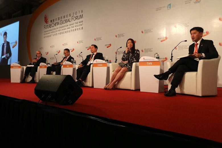 Forum speakers (from left) Smadja and Smadja Strategic Advisory founder Claude Smadja, Chinese Amabssador to Singapore Chen Xiaodong, Chinese Academy of Sciences board chairman Wu Lebin, Singbridge COO Nina Yang and Singapore Press Holdings deputy CE