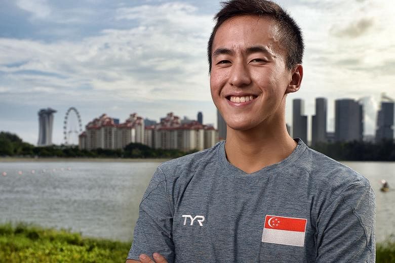Quah Zheng Wen, 19, near the water's edge in Kallang. Although he is shorter than most elite butterfly swimmers, his exceptional technique allows him to generate power more efficiently than others.