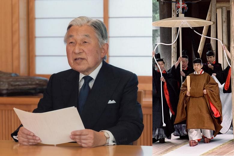 The 82-year-old Emperor Akihito addressing the nation (far left) yesterday. The Emperor (left) in 1990 during one of his final enthronement ceremonies.