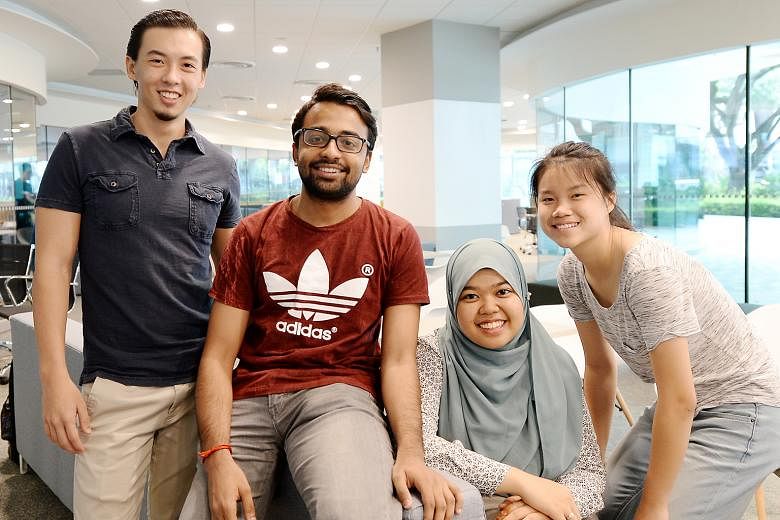 With the new study lounges and other interactive spaces, working together to get projects done will be a lot easier for SMU students (from left) Elliot Braet, Subramaniam Narayanan, Nur Dini Haziqah Mohd Sukri and Clarabelle Koh Pei Lin, who have sig