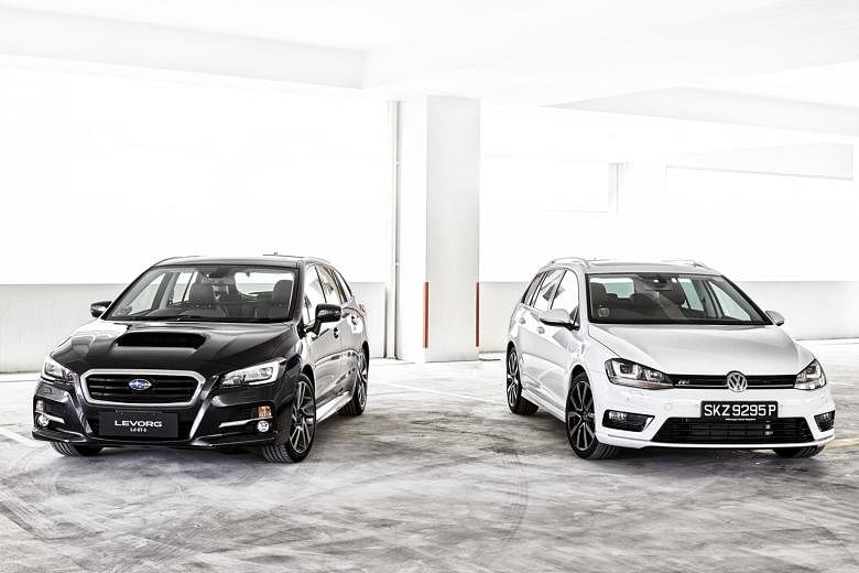 The 1.6-litre Subaru Levorg GT-S (far left) has a sporty cockpit (top), while the 1.4-litre Volkswagen Golf Variant R-Line (left) has a dashboard (above) that is equipped with intuitive infotainment controls.