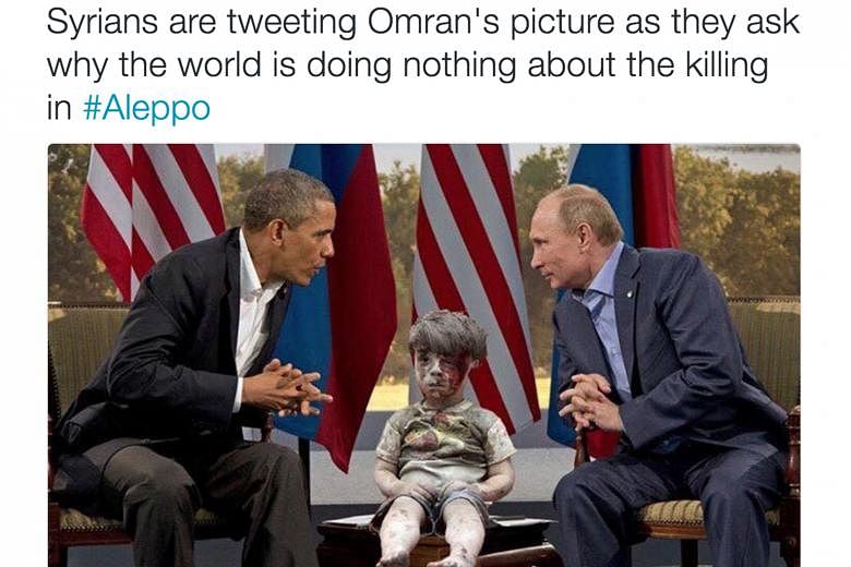 A picture tweeted by journalist Raf Sanchez, with a superimposed Omran between Mr Obama and Mr Putin, is one of the many images that netizens are sharing to bring more attention to the ongoing Syrian crisis.