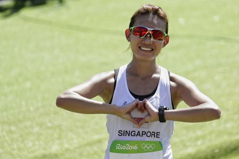 A happy Neo Jie Shi at the end of the marathon at the Sambodromo last Sunday, despite beating only two other finishers.