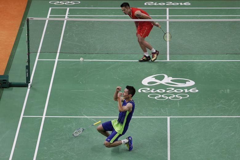 One of the more memorable moments of the Rio Games, as Lee Chong Wei (front) sinks to his knees in joy after finally beating Lin Dan in the men's singles semi-finals.