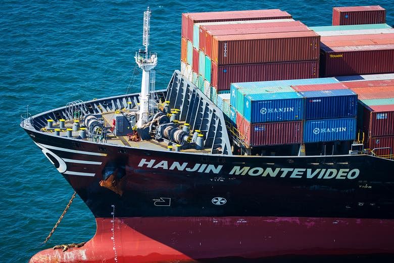 A Hanjin Shipping vessel sitting anchored near the Port of Long Beach in California on Sunday. International Transportation Service, a container terminal at the Port of Long Beach, no longer accepts beleaguered Hanjin's containers, according to its w