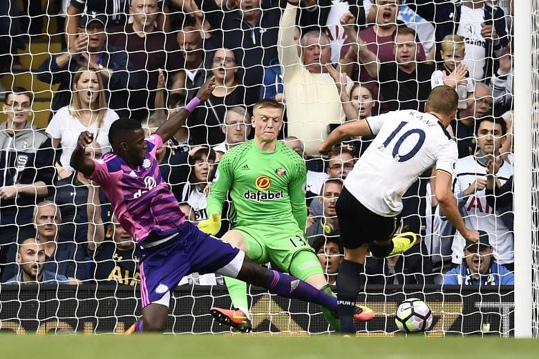 Tottenham's Harry Kane scoring the only goal of the match against Sunderland in the English Premier League on Sunday. The striker later suffered an ankle injury and had to be stretchered off the pitch.