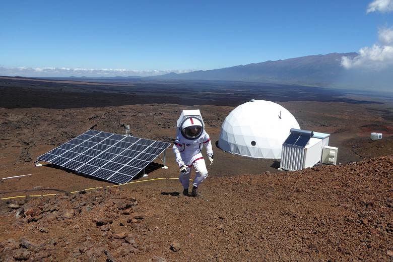 A composite of the interior of the project's habitat (top) and crew member Cyprien Verseux in a space suit, with solar panels and the domed habitat in the background (above).