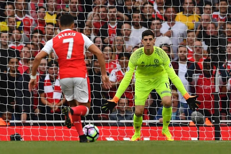 Arsenal's striker Alexis Sanchez zooming in to score the opener past Chelsea's goalkeeper Thibaut Courtois. This was the first league goal Arsenal netted against Chelsea since January 2013.