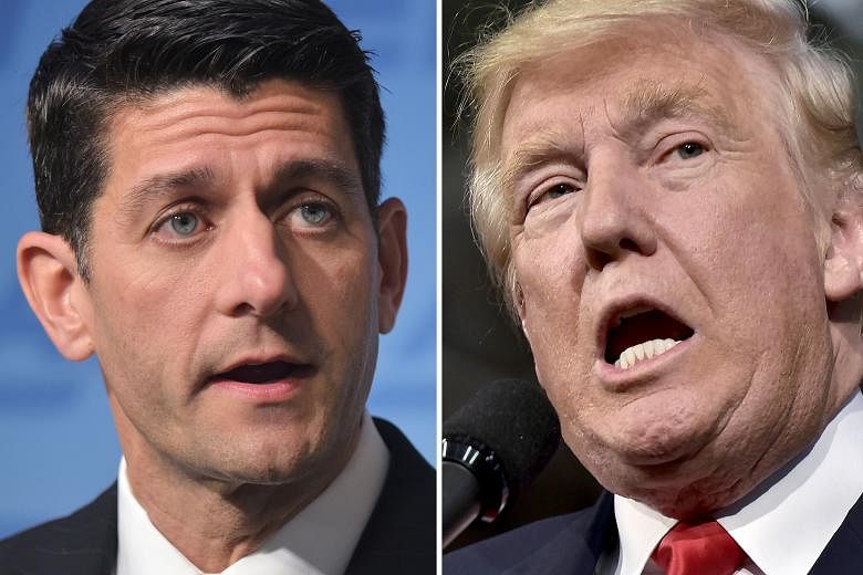 US House Speaker Paul Ryan (top) told Republican lawmakers on Monday that he would no longer defend Mr Trump (above).