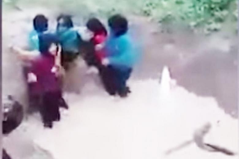 A video clip showing primary schoolgirls being forced to cross a muddy pit with a snake swimming in it as part of a team-building programme went viral on social media and sparked outrage.