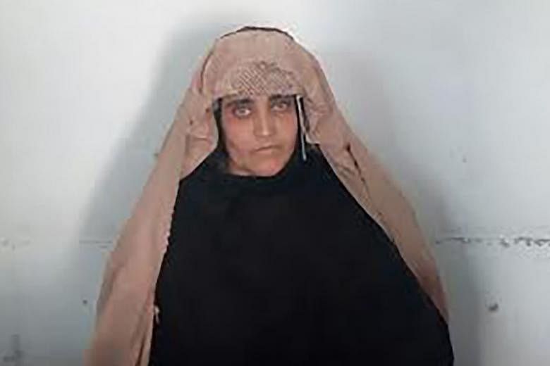 Top: Sharbat Gula, seen in a photo released by the FIA. She has been arrested for fraud. Above: An image of her, taken as a 12-year-old, became the most famous cover for National Geographic magazine.