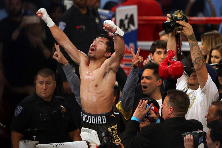 Filipino boxing legend Manny Pacquiao, an eight-division world champion, celebrating his unanimous victory over Jessie Vargas in their WBO welterweight title fight at the Thomas & Mack Centre in Las Vegas last Saturday.
