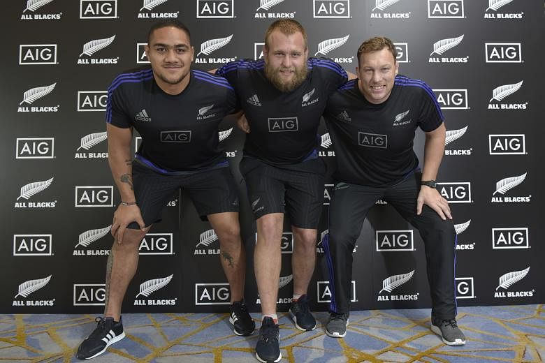 From left: All Blacks props Ofa Tu'ungafasi, Joe Moody and Wyatt Crockett ahead of the launch of the Why AIG campaign yesterday. The trio are upbeat about the state of the sport, especially England's potential challenge to their 18-match win record.