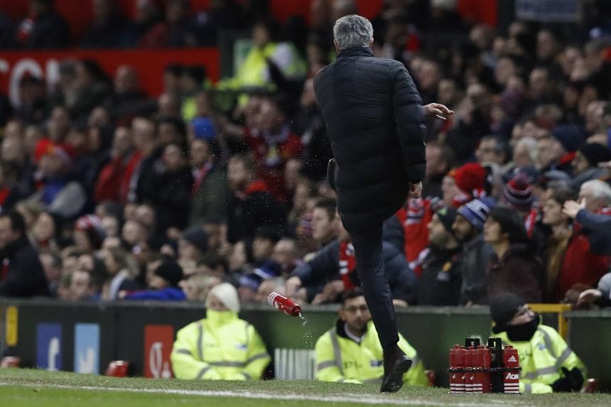 Mourinho taking his frustrations out on an inanimate bottle within his kicking reach on the Old Trafford touchline. The Portuguese has now been sent off more times in a little over a year than he has Premier League wins at the Theatre of Dreams.