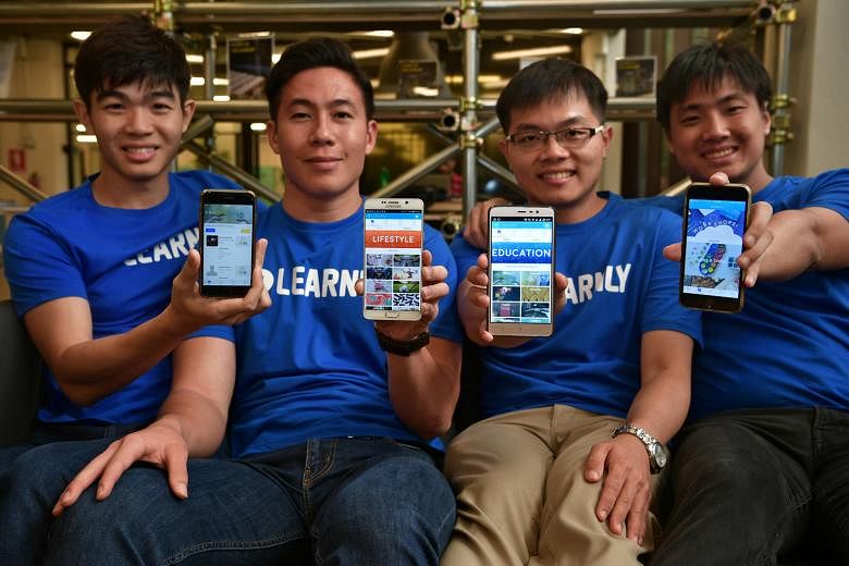 The team behind Learnly (from left): Mr Nah Yi Feng, Mr Albert Puah, Mr Joel Khoo and Mr Foo Chuan Yue. ManyTutors' co-founder Lai Weichang (right) and chief technical officer Jason Tan with the tuition agency's Ask.ManyTutors app. Questions uploaded