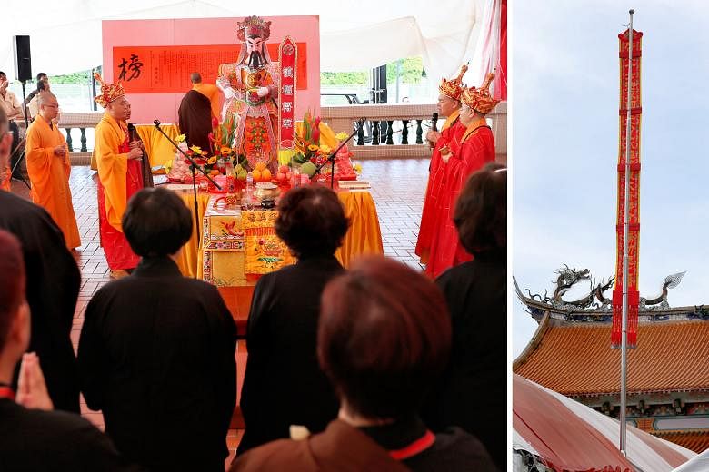 A banner (far right) was raised over Kong Meng San Phor Kark See Monastery yesterday as part of a seven-day Buddhist prayer ceremony known as the Grand Prayer that Blesses and Benefits All Sentient Beings. The prayer is meant to liberate all such bei
