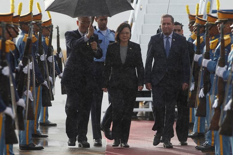 Taiwan President Tsai Ing-wen with Honduran Vice-President Ricardo Alvarez after her arrival in Honduras on Sunday. Her meetings with US officials, en route to Central America for a nine-day trip to visit allies Honduras, Guatemala, El Salvador and N