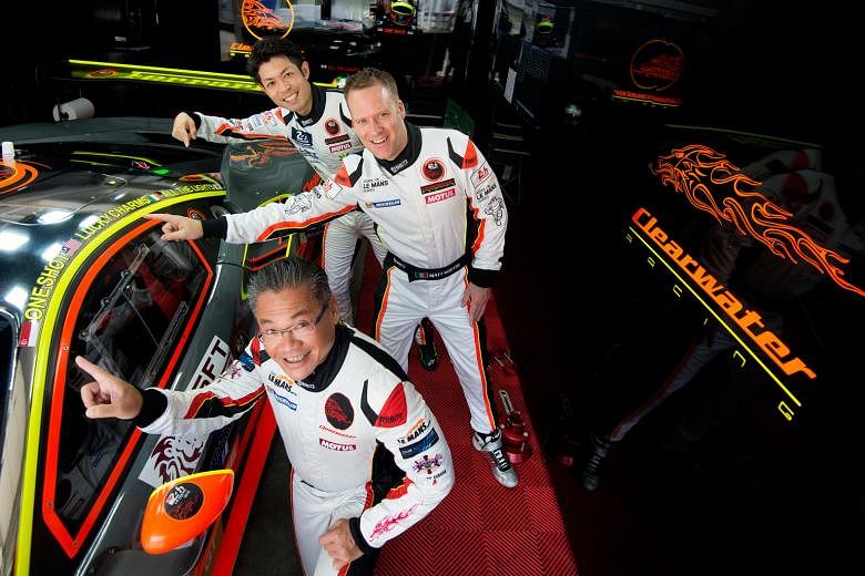 Clearwater Racing drivers (from front) Mok Weng Sun, Matt Griffin and Keita Sawa with the Ferrari 488 GT3 they are using in the Asian Le Mans Series. They will know next month if the team are accepted for the prestigious World Endurance Championship.