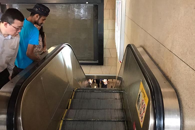 Right: Barricades to prevent public access to the escalator were still up yesterday morning. Far right: After the incident, the comb plate at the top of the escalator appeared damaged, with metal pieces scattered nearby.