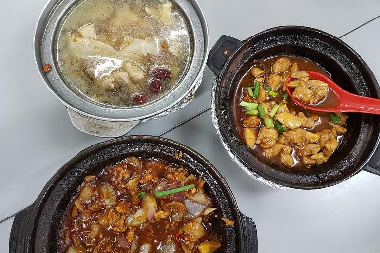Clockwise from top left: herbal chicken soup; sesame oil chicken; and eggplant and minced meat.