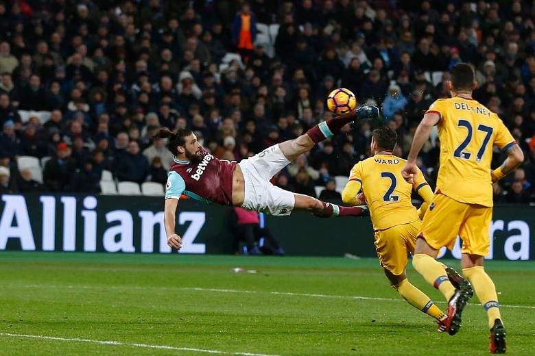 Andy Carroll scoring with a volley in the 79th minute to give West Ham a 2-0 lead over Crystal Palace. The Hammers won 3-0.