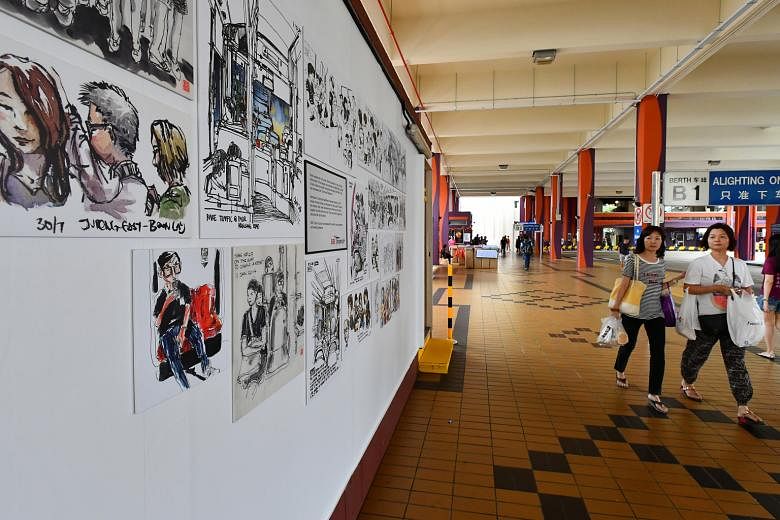 The bus interchange in Bishan is one of the display venues for the sketches (above and left), done during the artists' commutes.