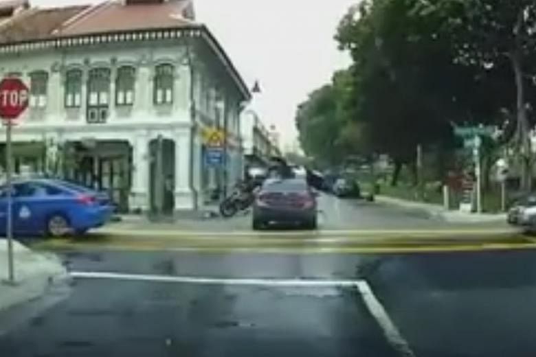 A motorcycle delivery rider collided with a car, flew over it and landed on the road, at the junction of Tembeling Road and Koon Seng Road on Sunday. He is unhurt, said his employer. A resident in the area said the junction was a "problematic" spot f
