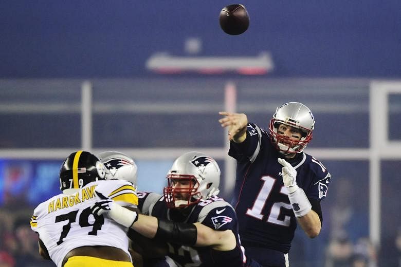 New England Patriots quarterback Tom Brady (No. 12) completing 32 of 42 passes for 384 yards and three touchdowns against the Pittsburgh Steelers. The Patriots ran out 36-17 winners in the AFC Championship game and Brady will be hoping to lead the Pa