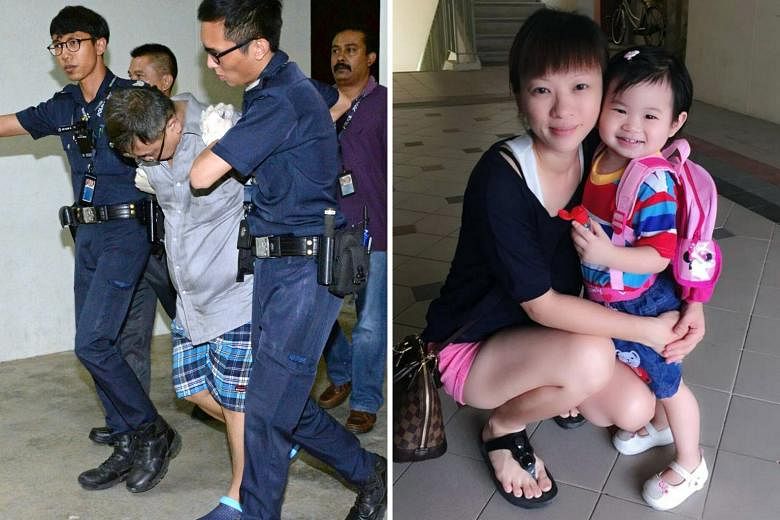 Far left: Police officers taking away Teo Ghim Heng, who is believed to be the dead woman's husband, in connection with the deaths. Left: Madam Choong, who went by the name of Ade Teo on Facebook, with her four-year-old daughter Zi Ning. The two were