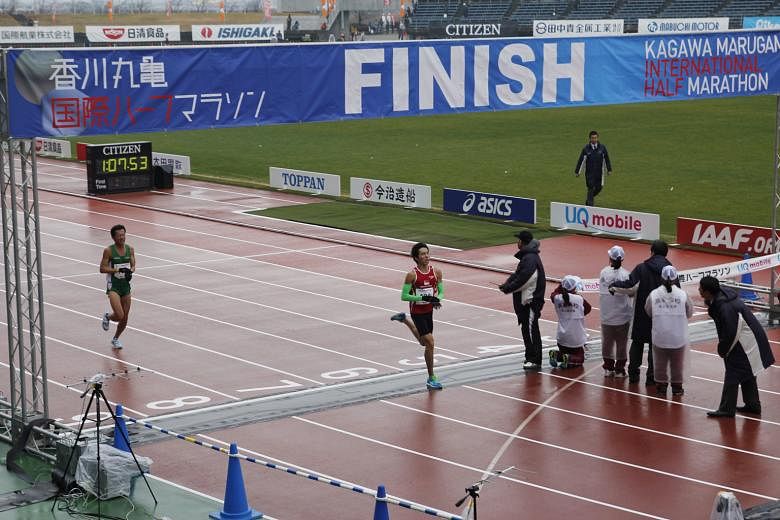 Reigning SEA Games marathon champion Soh Rui Yong completing the Kagawa Marugame Half Marathon yesterday in 1:07:53, even though he was hampered by knee and foot injuries.