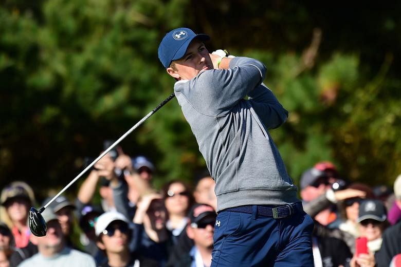 Jordan Spieth hitting his tee shot on the 11th hole in the third round at Pebble Beach. His putting was on target and with a six-shot lead, it was his tournament to lose heading into the final round.