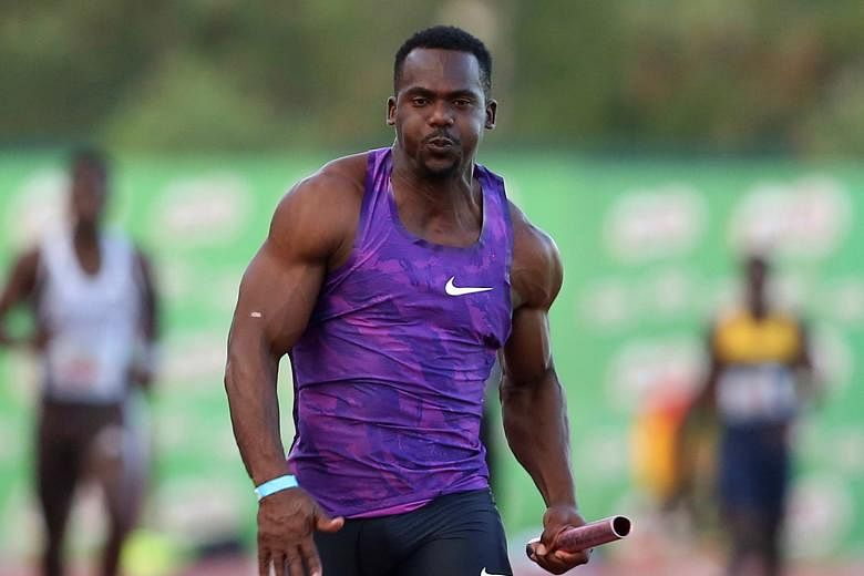 Jamaica's Nesta Carter bringing his 4x100m relay team home in second place at the Western Relays in Montego Bay. Running for the first time in 1 1/2 years, he is taking it one meet at a time in his bid to qualify for the London World Championships in