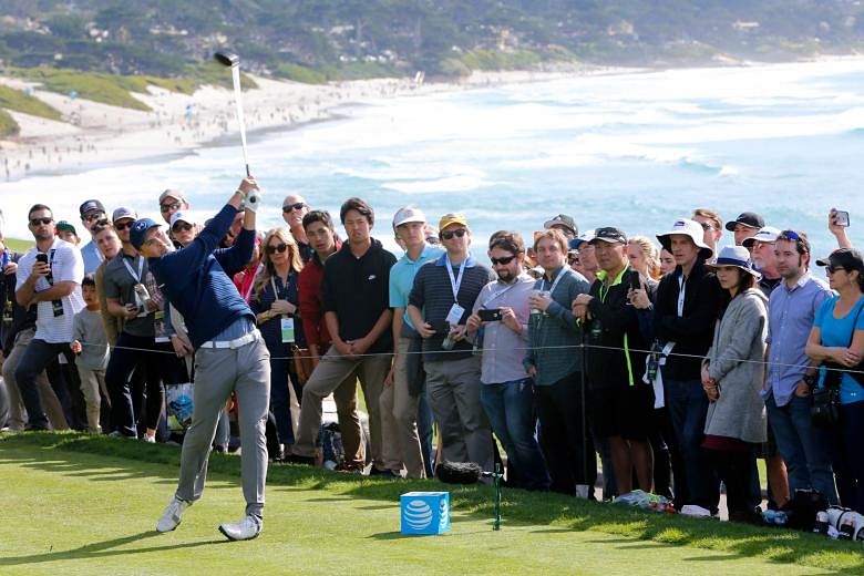 Jordan Spieth hitting his tee shot on the 14th hole in the final round of the Pebble Beach Pro-Am. The American had a commanding six-stroke lead at the start of the day and despite only two birdies, did enough to close out his ninth PGA Tour win by f