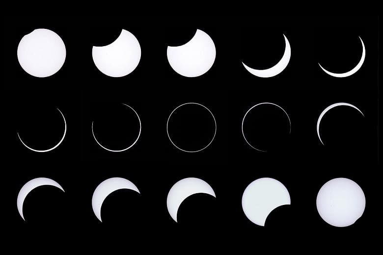 This combination of photos shows the eclipse as seen from the Estancia El Muster, near Sarmiento, Argentina. At the height of the eclipse, the Moon is in the middle of the Sun, leaving a perfect ring of light around the edge.