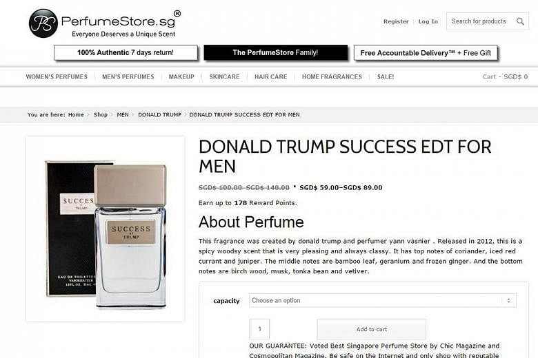 Online retailer Perfumestore.sg saw sales of Empire and Success fragrances jump 40 per cent since Mr Trump's inauguration.