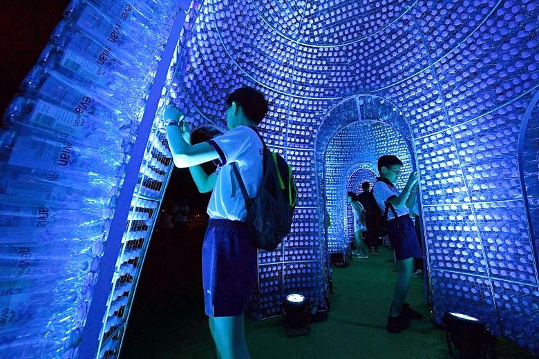 Ocean Pavilion, inspired by algae and radiolarians, is made from 25,000 recycled bottles and energy-efficient LED lighting. Admission to the Marina Bay waterfront is free, but charges apply for some attractions. The light installations are on from 7.