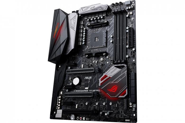 The Asus ROG Crosshair VI Hero (left) is an enthusiast-grade motherboard using the X370 chipset. Used in the test set-up for the Ryzen chip, the motherboard supports up to two graphics cards (Nvidia SLI and AMD CrossfireX). The Ryzen chip (above) is 