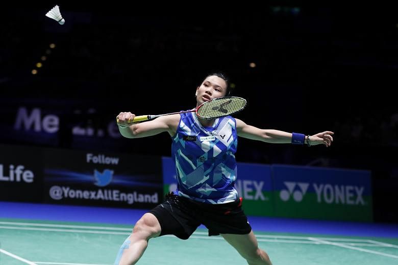 Tai Tzu-ying of Chinese Taipei in action during the singles final in the All-England Championships on Sunday. She defeated Thai former world champion Ratchanok Intanon 21-16, 22-20.