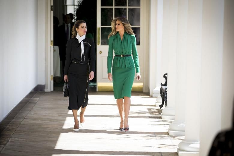 United States First Lady Melania Trump (right) and Jordan's Queen Rania at the White House on Wednesday, where their husbands, US President Donald Trump and King Abdullah II, held meetings. The women later visited Excel Academy, an all-girls charter 