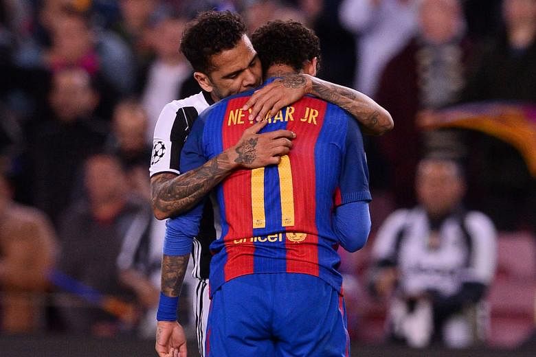 Barcelona forward Neymar being comforted by Juventus defender Dani Alves, his Brazilian compatriot, after the Italian side eliminated the Spanish giants 3-0 on aggregate when their quarter-final second leg ended goal-less at the Camp Nou stadium. Juv