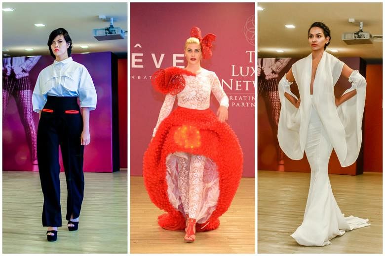 Outfits from designer Lena Trotsko's Maleficent collection (left) at the event held at the Singapore Turf Club. (From left) On the catwalk: Creations from Esther Choy's I Am At Heart A Gentleman collection; Galina Mihaleva's Avant-Garde collection; a