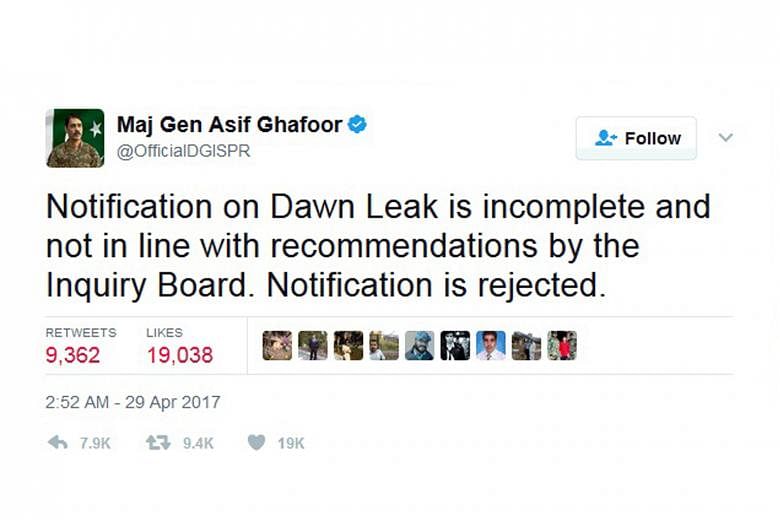 Screen grab of military spokesman Asif Ghafoor's tweet indicating the army's dissatisfaction with the probe into the leak of what transpired at a high-level meeting.
