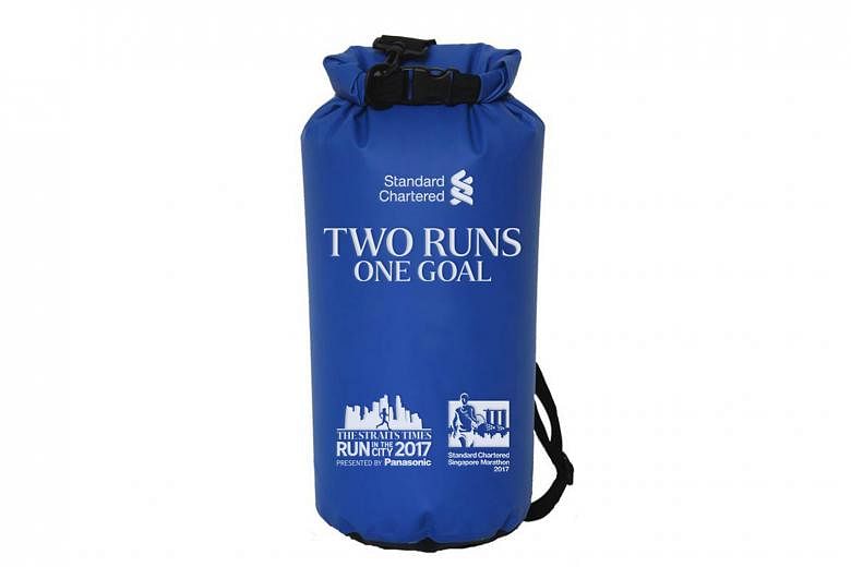 Above: This specially designed 10-litre waterproof bag will be given to the first 3,000 participants who sign up for any category of the July 16 ST Run and either the SCSM's half or full marathon races in December. Left: The race attire for this year