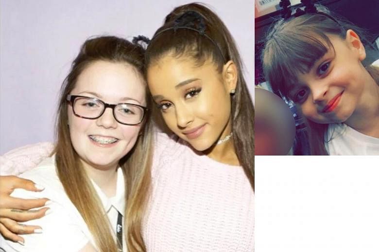 Two of those killed have been identified as Georgina Callander, 18, seen here with Ariana Grande in an image on Instagram two years ago, and Saffie Rose Roussos, eight. Injured people being tended to after a suspected suicide bomber detonated an expl